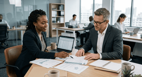 HR professional reviewing employee performance documentation with a business manager