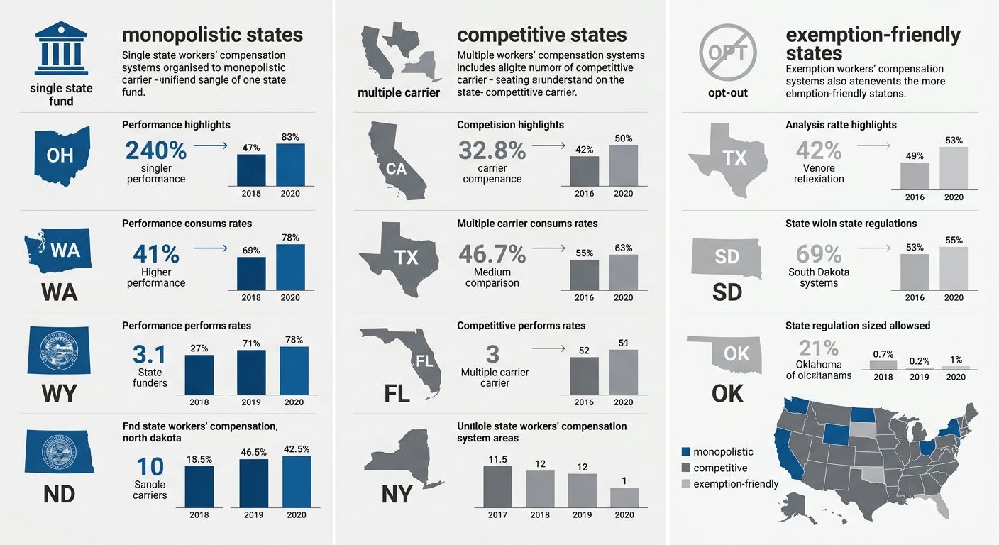 Three-column comparison visualization showing monopolistic, competitive, and exemption-friendly state workers' compensation systems across the United States