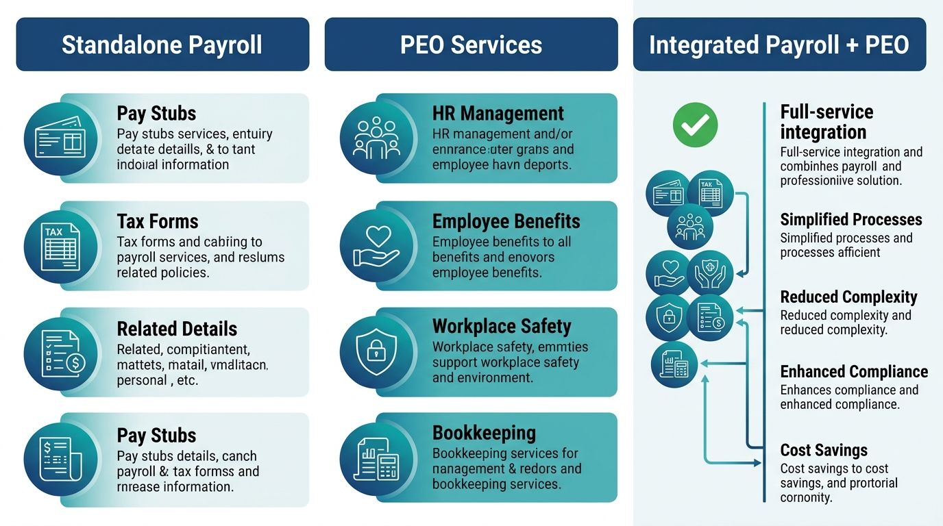 Three-column visual comparison showing integrated payroll plus PEO services bundled versus standalone options, highlighting combined HR, benefits, safety, and bookkeeping features.