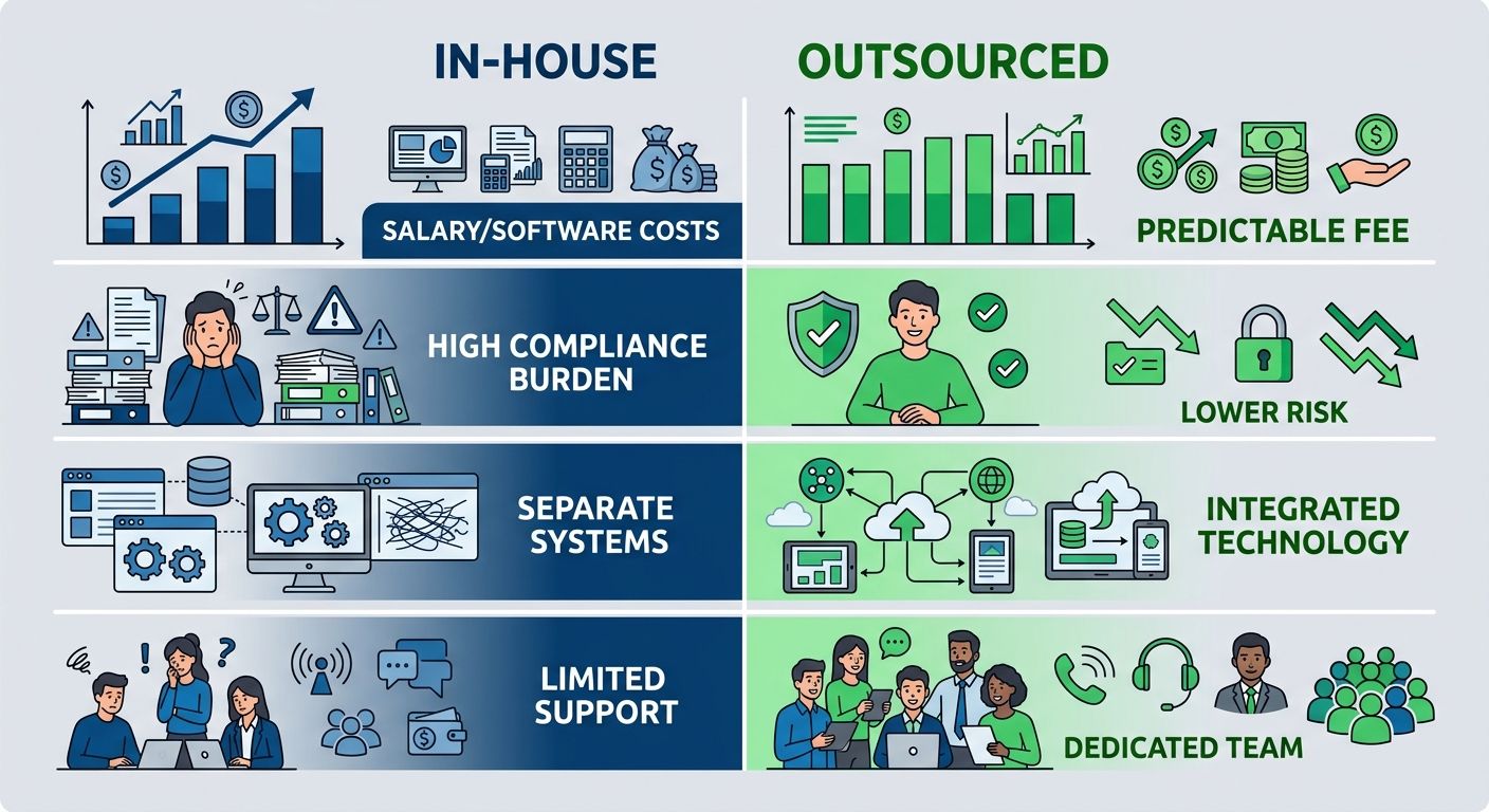 Side-by-side comparison of in-house versus outsourced payroll and HR management across cost, compliance, technology, and support metrics.